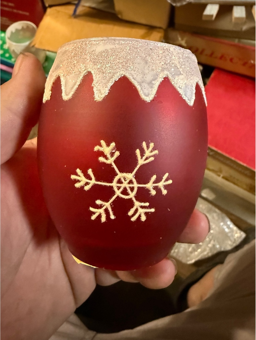 Red Frosted Glass Candle Holder with Snowflake Design